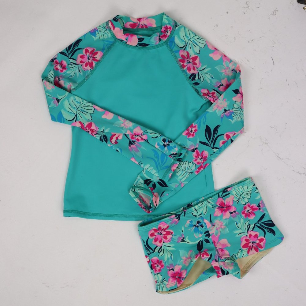 Land's End Girls Two Piece Swimsuit Long Sleeve Rash Guard Boyshort Swim Bottom